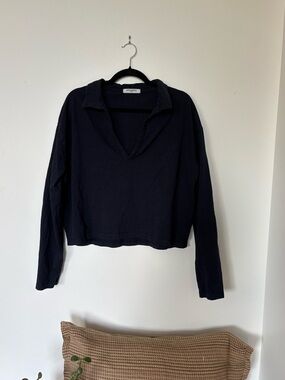 perfectwhitetee Navy Long-Sleeve Polo Collar Top
